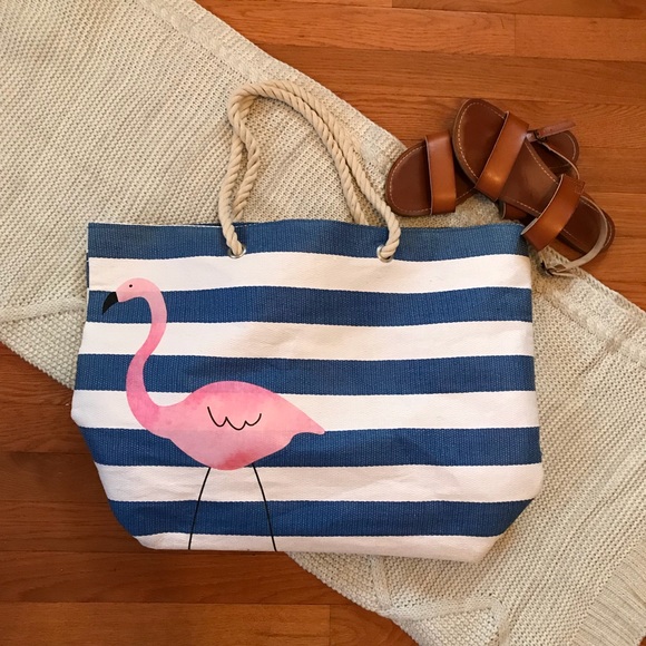 Flamingo Striped Beach Tote - Picture 1 of 3